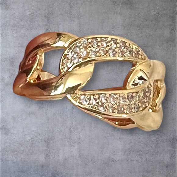 Gold plated thumb rings chainlink design paved clear crystals adjustable size - Picture 5 of 6